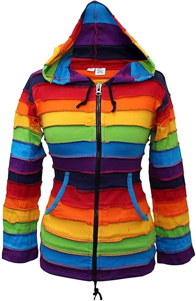 SHOPOHOLIC FASHION lang Elf Kapuzen Regenbogen gestreift bunt Jacke, Boho Hippie Kapuzenpulli