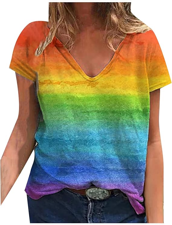 Regenbogen Oberteile Damen Sommer Bluse Tops Mode V-Ausschnitt Tshirt Locker Pullover Kurzarm T-Shirt Basic Shirt