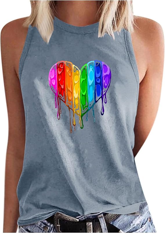 TRIGLICOLEUM Regenbogen Tank Top Damen Bunt Liebe Herz Drucken Tshirt Ärmellos Weste Sommer Tanktop Sexy Trägertop Tanktops Alltäglich Tanktops T-Shirt Oberteile Basic Shirt Strand Westen Sommermode